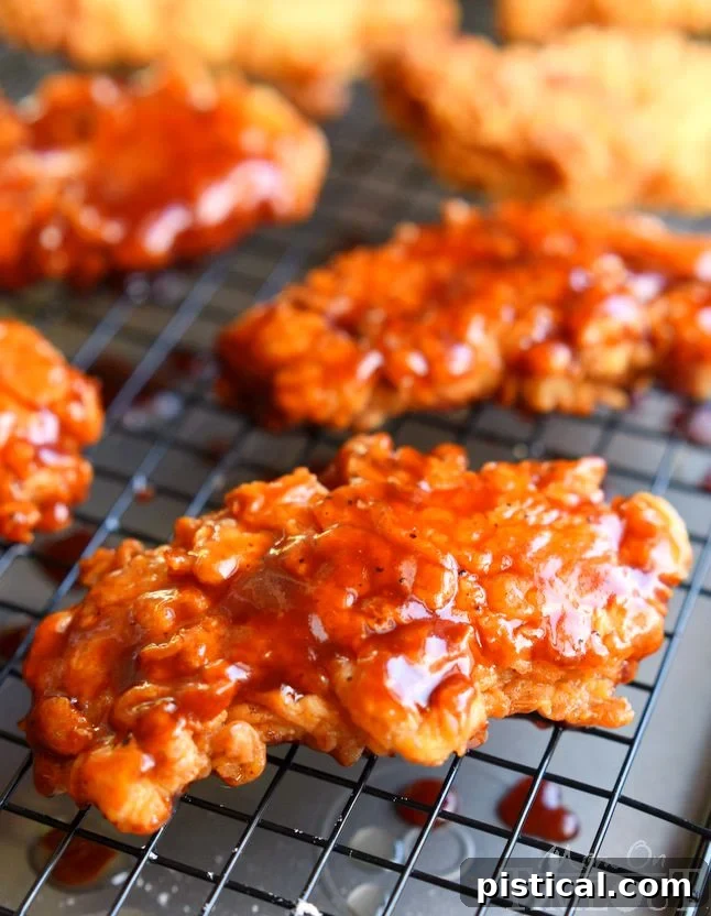 Crispy fried chicken strips draining on a wire rack, showcasing their perfectly golden and crunchy exterior before glazing.