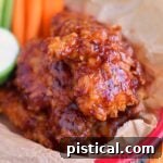 Delicious chicken strips with honey barbecue sauce in a red plastic basket, accompanied by carrots and celery sticks.