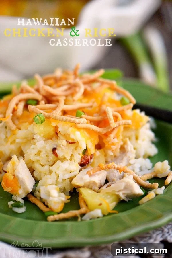 A vibrant Hawaiian Chicken and Rice Casserole, ready to be served, promising an easy weeknight dinner with pantry ingredients.