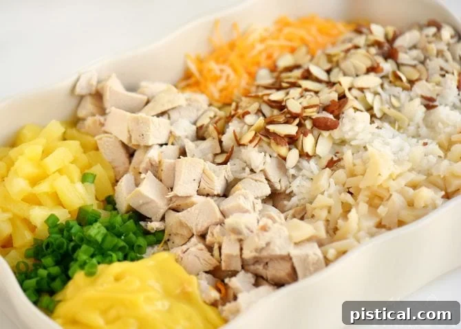 Essential ingredients for Hawaiian Chicken and Rice Casserole, including pineapple, chicken, and coconut milk.