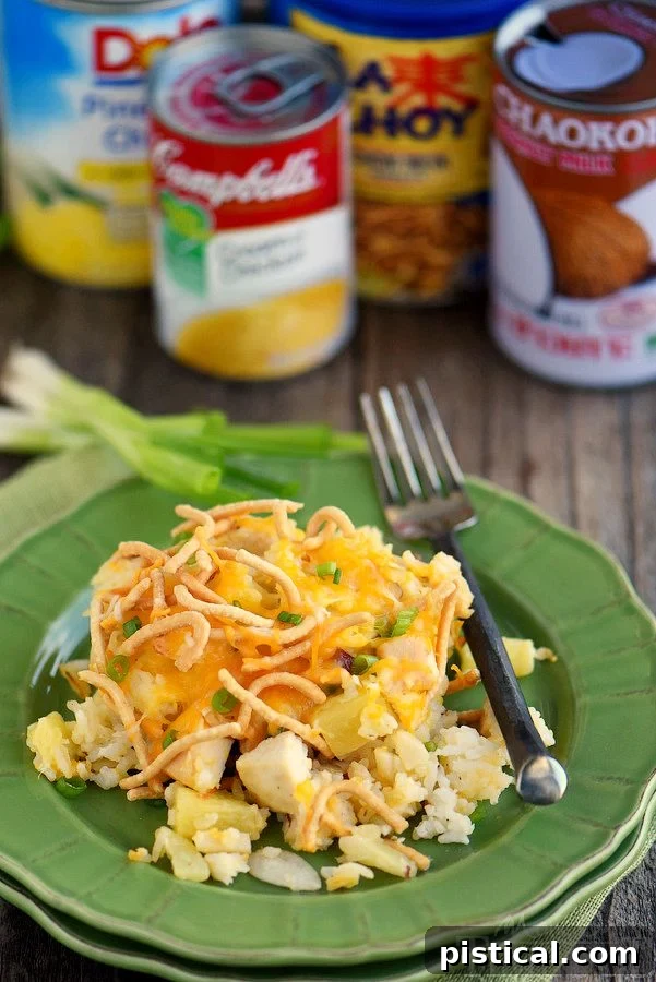 A close-up of the delicious Hawaiian Chicken and Rice Casserole, showcasing its creamy texture and inviting ingredients.