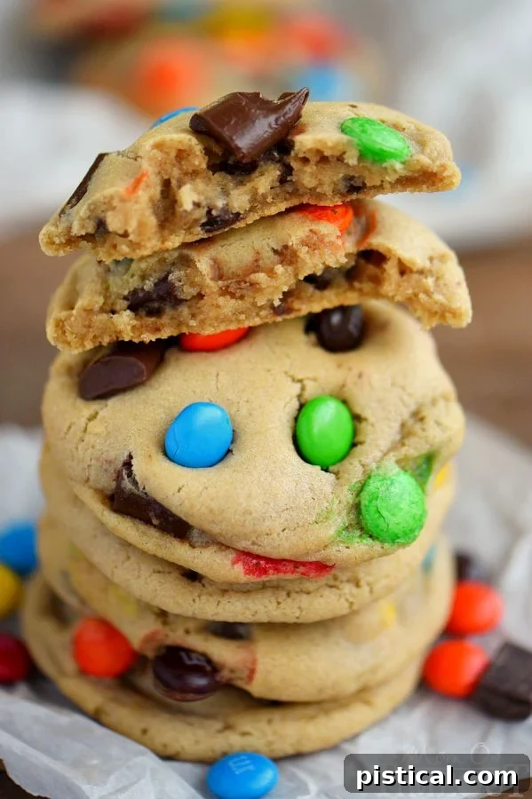 Close-up of a stack of M&M chocolate chunk cookies, highlighting their delicious details.