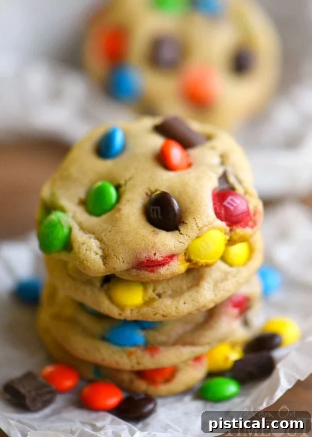 A plate full of M&M chocolate chunk cookies, ready to be enjoyed.