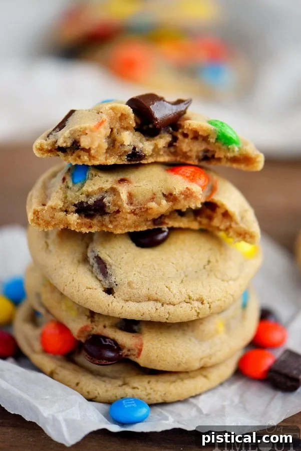 Close-up of a single M&M chocolate chunk cookie, showing its vibrant colors and rich chocolate.