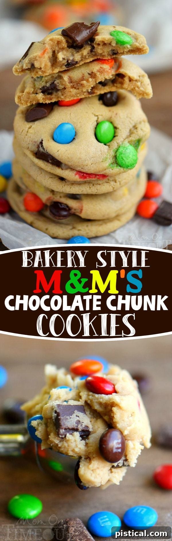 A collage of images showing the process and final product of M&M chocolate chunk cookies.