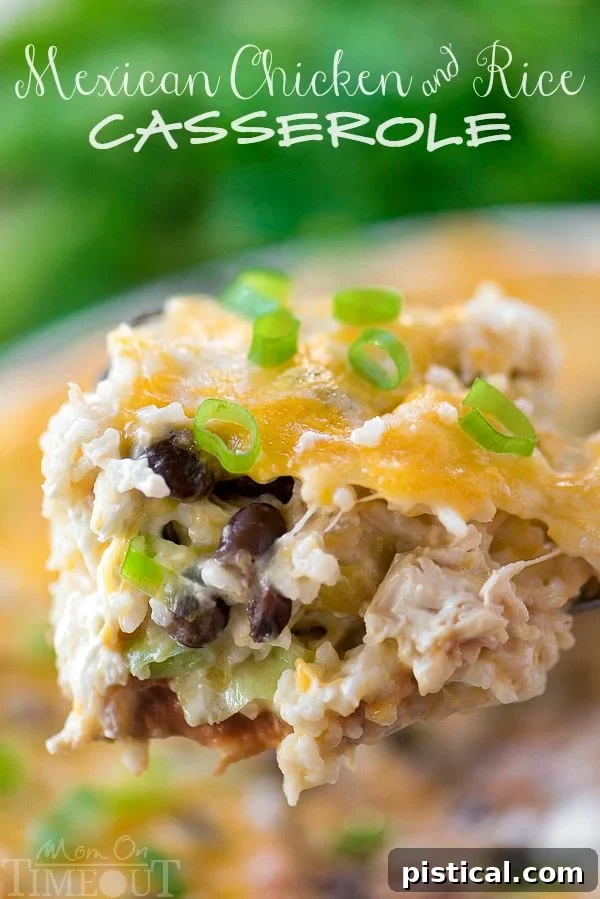 A vibrant, cheesy Mexican Chicken and Rice Casserole, garnished with fresh cilantro, ready to be served. A perfect blend of comfort and convenience for family dinners.