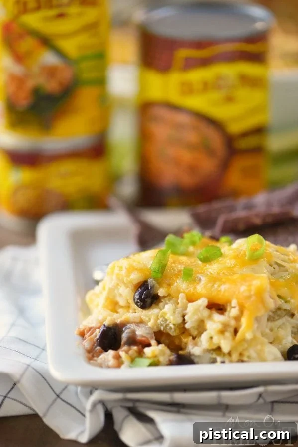 A serving of Mexican Chicken and Rice Casserole on a plate, showing the layers of chicken, rice, beans, and melted cheese, ready to be enjoyed.