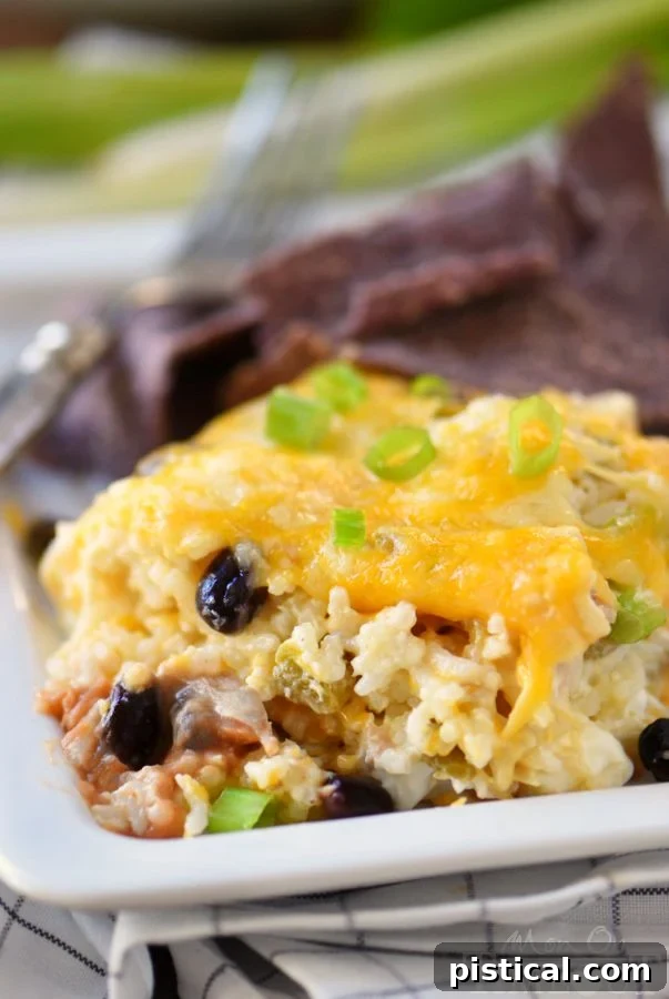 Four mouth-watering images of the Mexican Chicken and Rice Casserole, highlighting its cheesy texture and rich ingredients, perfect for a hearty family meal.