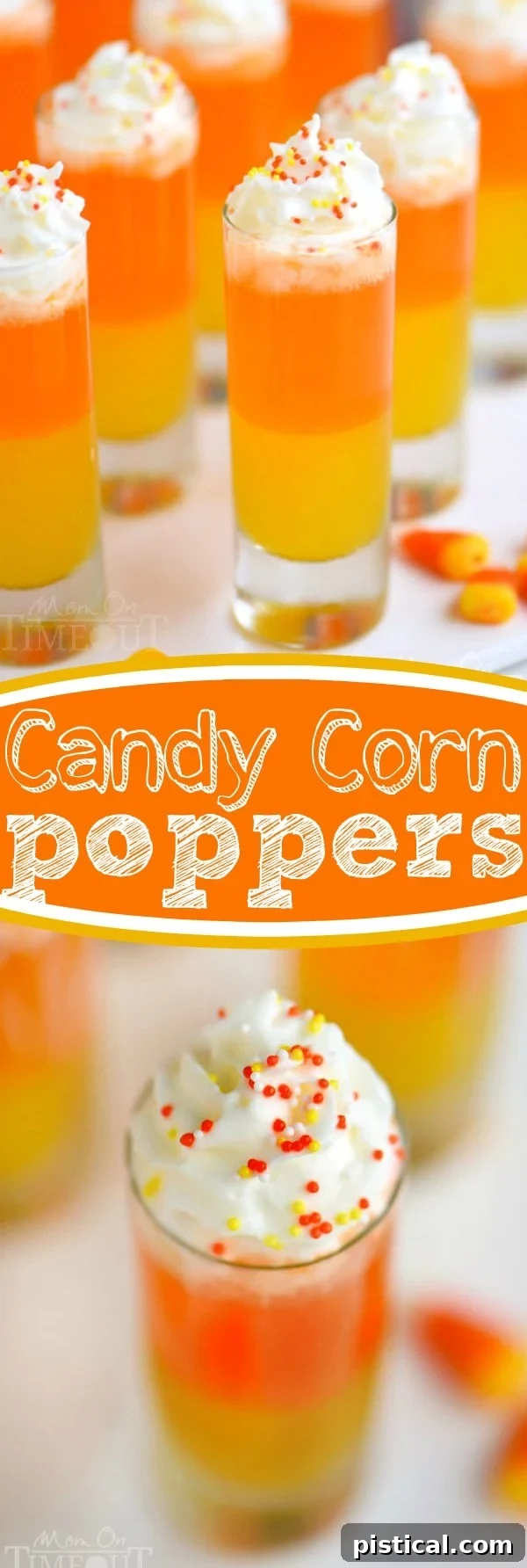Candy Corn Nibbles 8 Vertical shot of several Candy Corn Poppers, emphasizing their appealing colors and festive topping of whipped cream and sprinkles.