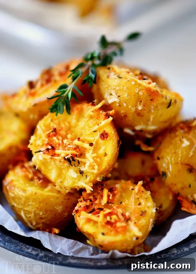 Close-up of golden brown Oven Roasted Herb and Garlic Parmesan Potatoes, showcasing crispy edges and a perfect roast, ready to serve as a delectable side dish.