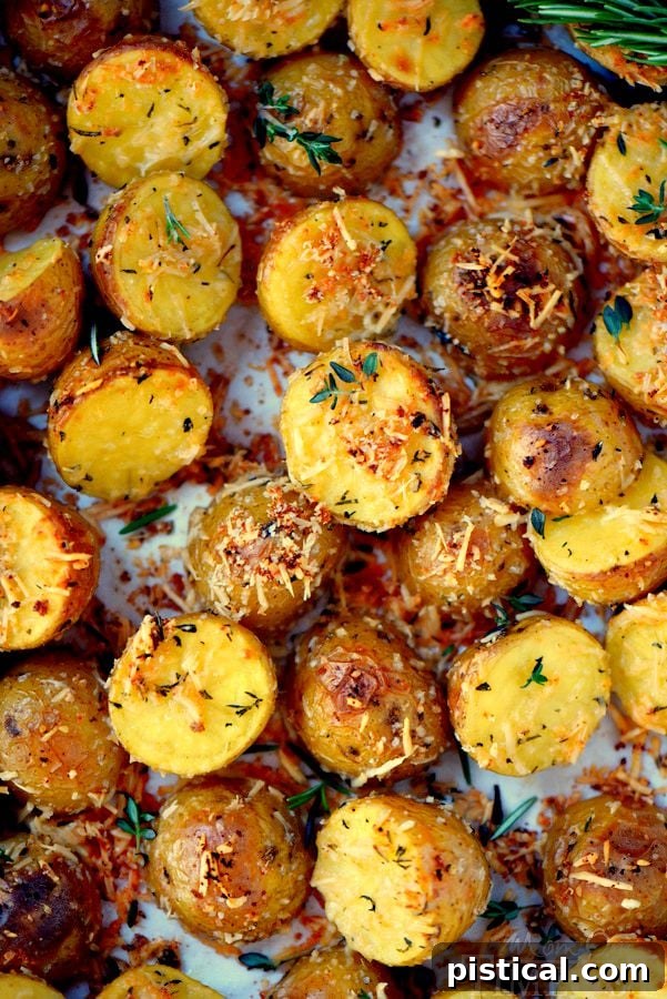 A serving of crispy Oven Roasted Herb and Garlic Parmesan Potatoes in a bowl, showing the golden-brown exterior and flavorful seasoning, ready to be enjoyed.