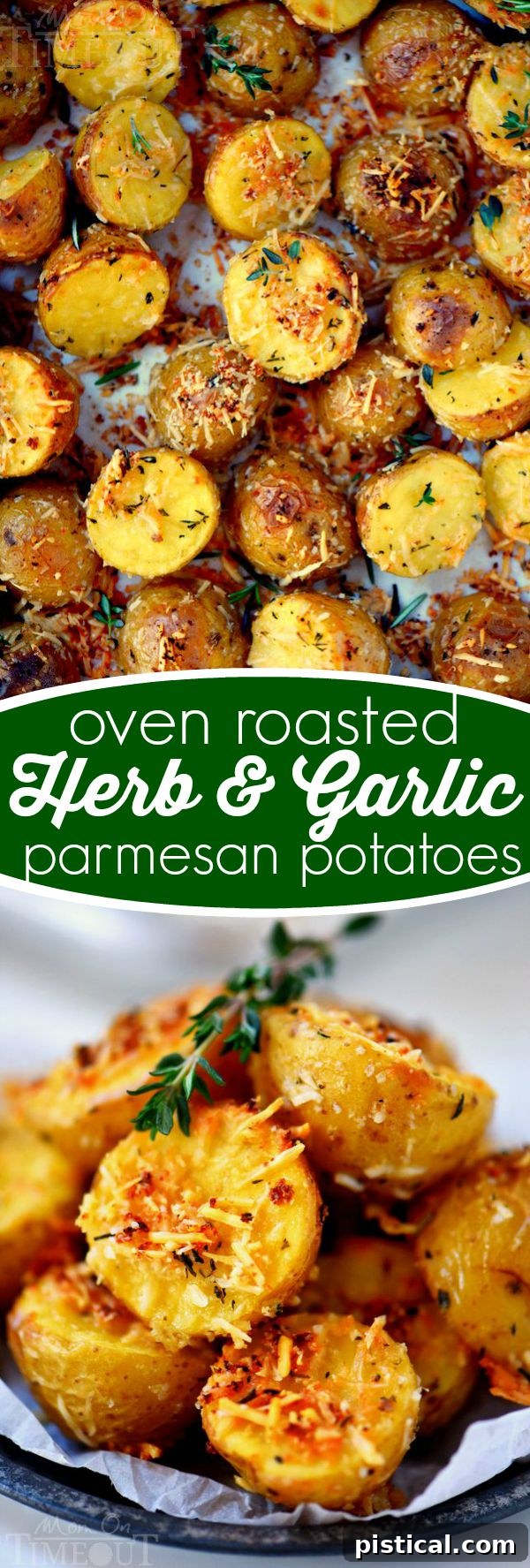 A collage featuring different angles of Oven Roasted Herb and Garlic Parmesan Potatoes, highlighting their golden texture and fresh herb garnish.