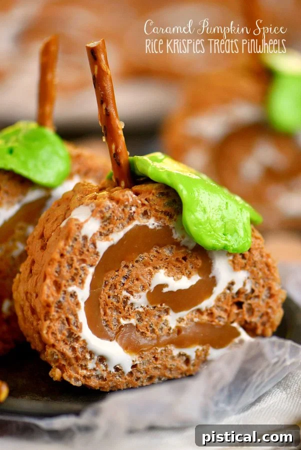 Caramel Pumpkin Spice Rice Krispies Treats Pinwheels - a delightful fall treat with amazing flavors and fun pinwheel shape. Perfect for any autumn gathering!