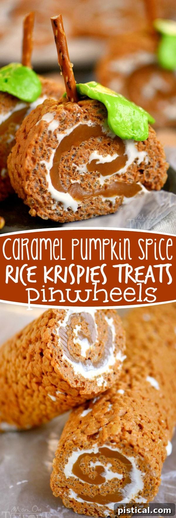 A stunning vertical display of various Caramel Pumpkin Spice Rice Krispies Treats Pinwheels, highlighting their vibrant fall colors and inviting appearance.