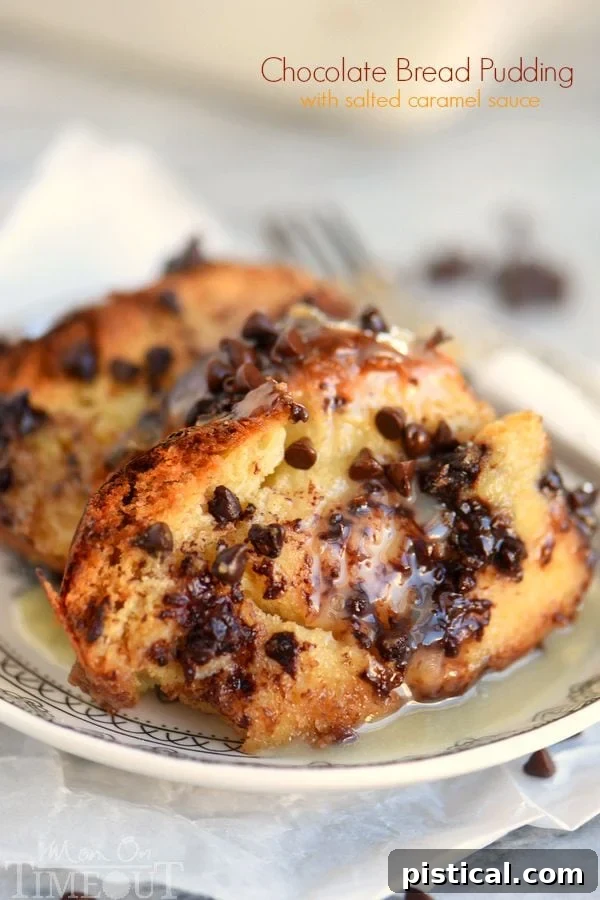 Decadence meets comfort in this easy Chocolate Bread Pudding with Salted Caramel Sauce recipe! This sauce is to die for!