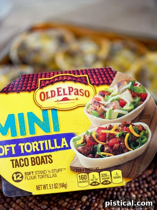 Packaging for Old El Paso Mini Soft Tortilla Taco Boats, showcasing their innovative design