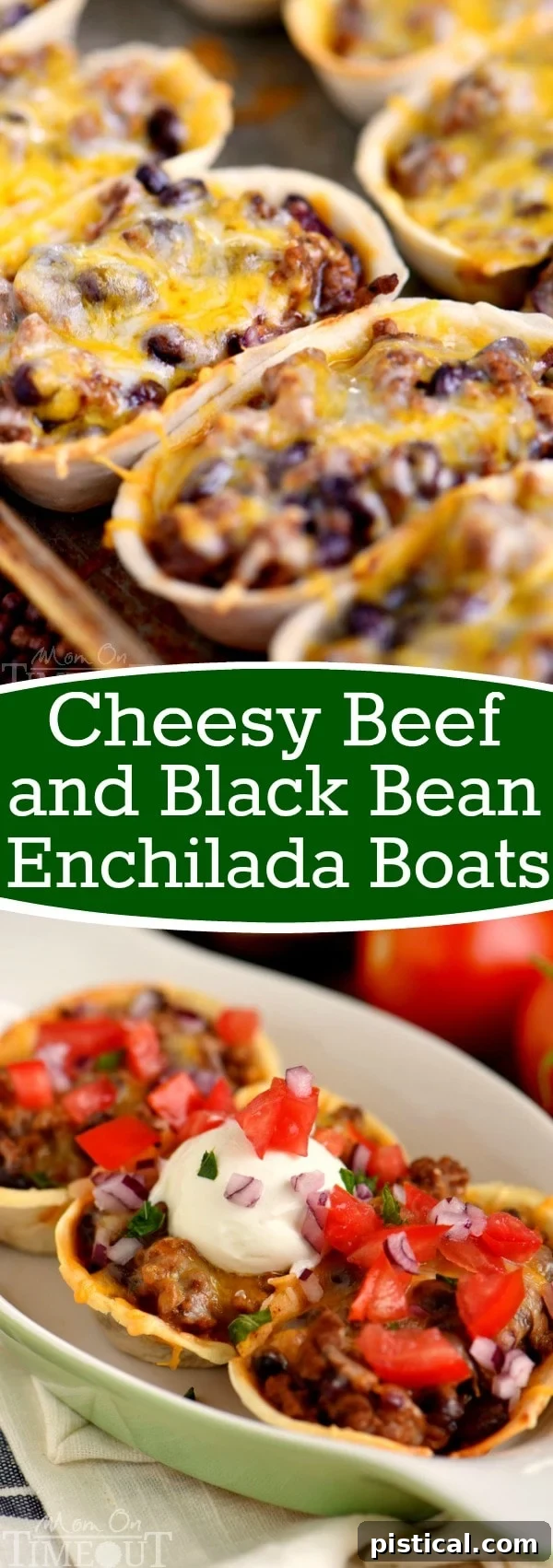 A vibrant platter of Cheesy Beef and Black Bean Enchilada Boats, perfectly baked and ready to be served
