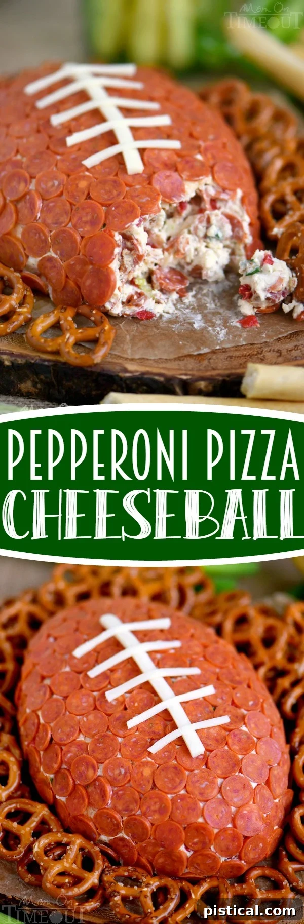 A beautifully presented Pepperoni Pizza Football Cheese Ball, perfect for game day or any party.