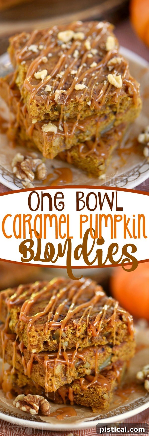A beautifully styled shot of a single Caramel Pumpkin Blondie on a white plate, with autumn decor in the background, emphasizing its appeal as a fall treat.