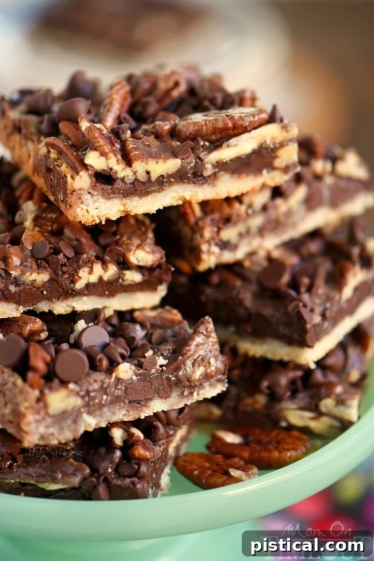 A beautiful close-up shot of multiple chocolate pecan pie bars, highlighting their rich texture, appealing layers, and delicious topping.