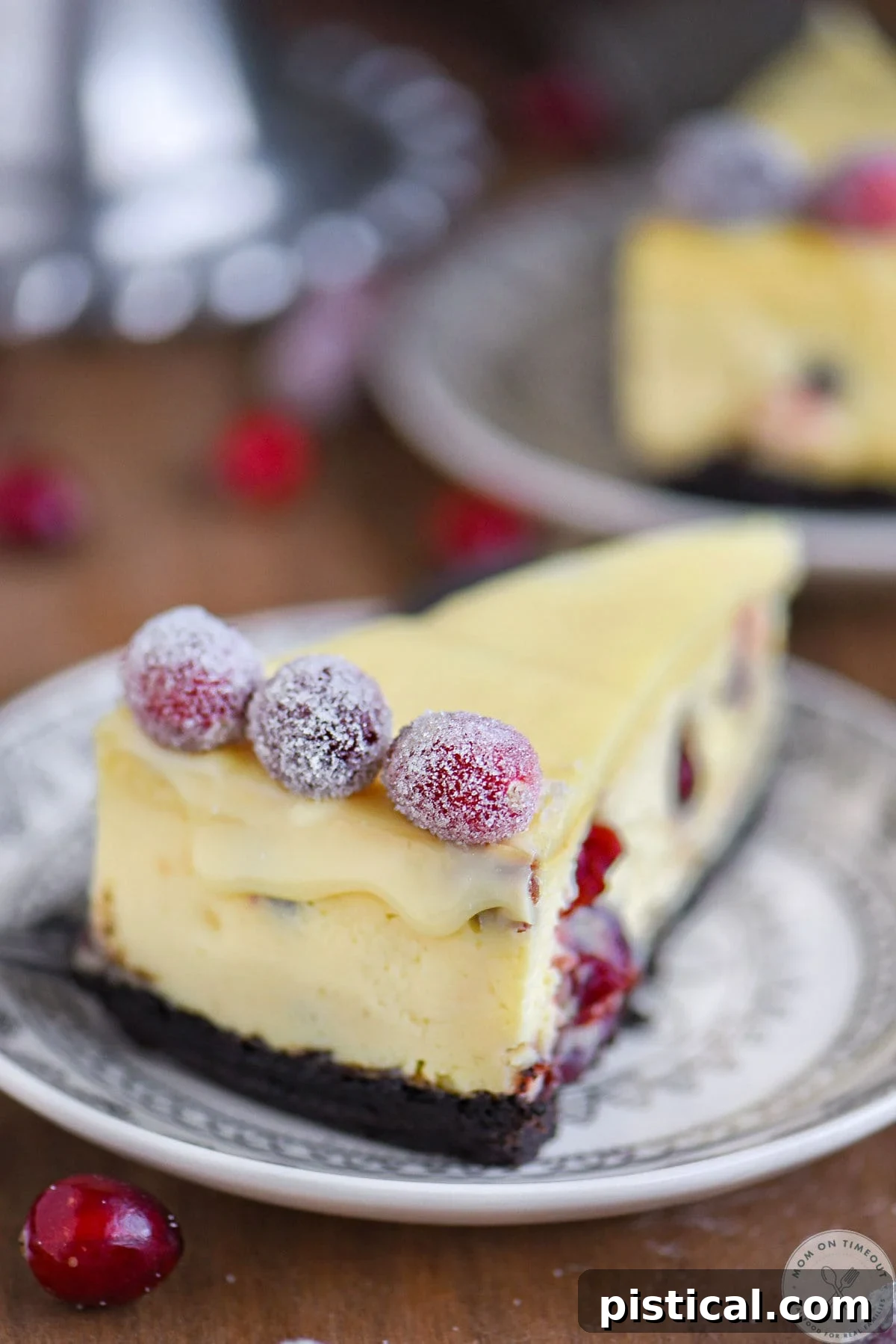 The back side of a stunning White Chocolate Cranberry Cheesecake on a plate, showcasing its pristine crust and smooth texture, ready for serving.