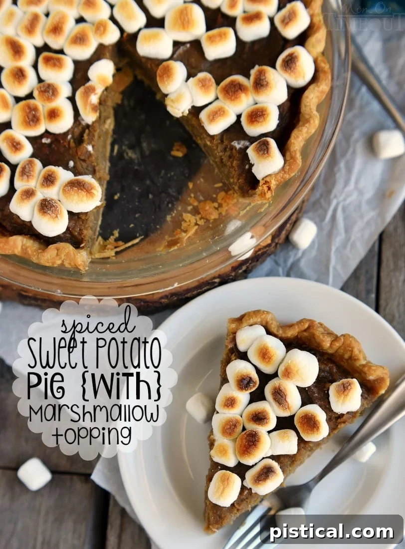 A beautifully baked spiced sweet potato pie with a golden, toasted marshmallow topping, ready for serving during the holidays.