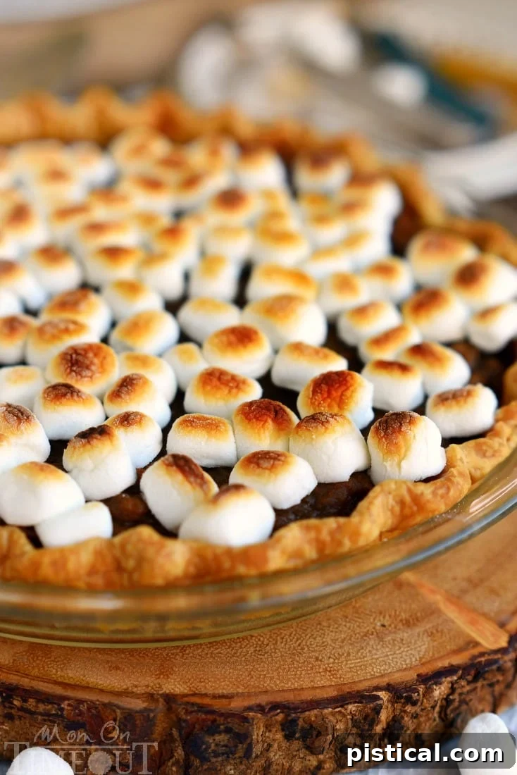 A whole spiced sweet potato pie with un-toasted miniature marshmallows on top, ready to be placed under the broiler.