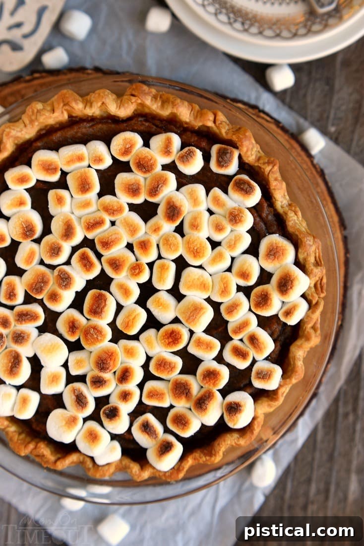 A fully baked and broiled spiced sweet potato pie with golden marshmallows, presented on a rustic wooden surface.