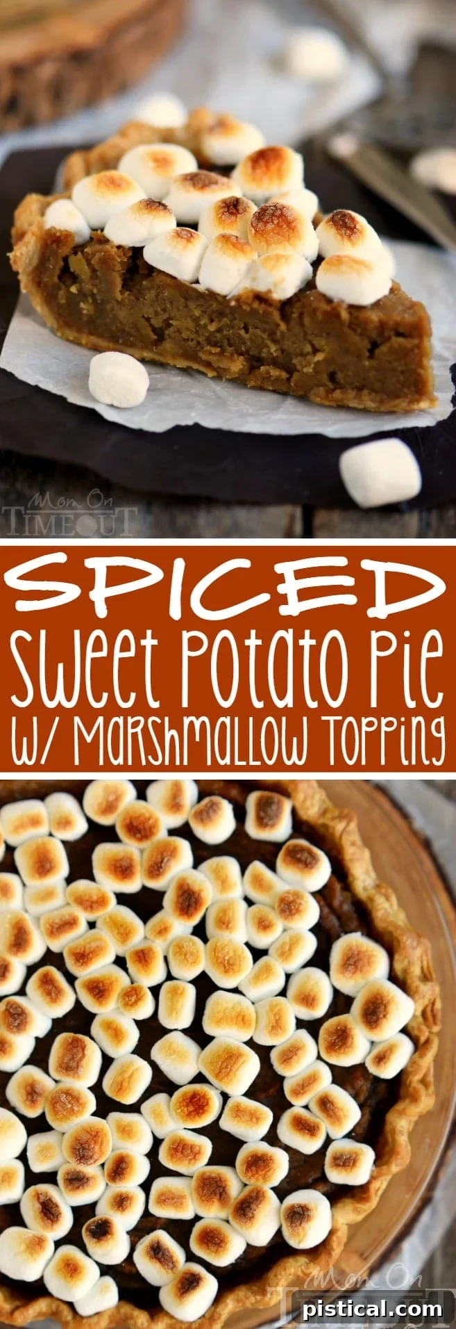A large slice of Spiced Sweet Potato Pie with Marshmallow Topping, showing off the golden brown toasted marshmallows and the rich, creamy sweet potato filling inside.