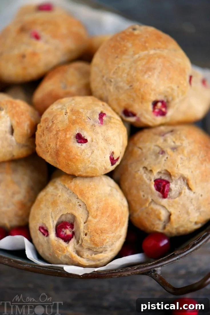 A tray of freshly baked cranberry yeast rolls, ready to be served at a holiday gathering.