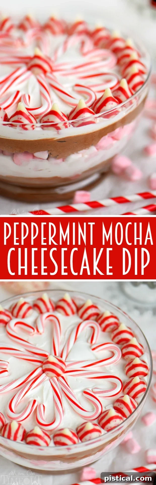 Festive Layered Peppermint Mocha Cheesecake Dip 9 This easy Layered Peppermint Mocha Cheesecake Dip will be the STAR of all your holiday parties! With it's fun, colorful layers, and 5 minute prep time, everyone wins! Works beautifully as a holiday appetizer or dessert!