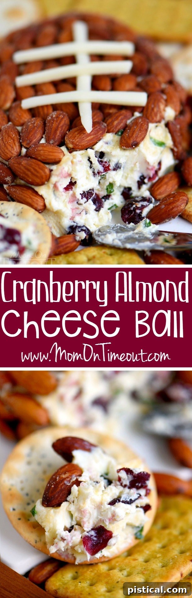 A festive Cranberry Almond Cheese Ball, with a close-up on the textures and colors, served alongside various crackers on a wooden board.