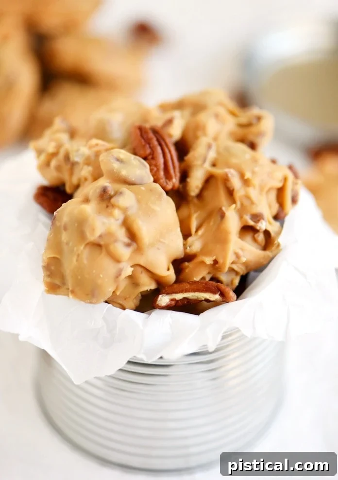 Velvet Buttermilk Pecan Pralines 5 Close-up of a single Buttermilk Pecan Praline, showcasing its rough, rustic edges and the rich, nutty interior, enticing viewers to try this homemade treat.