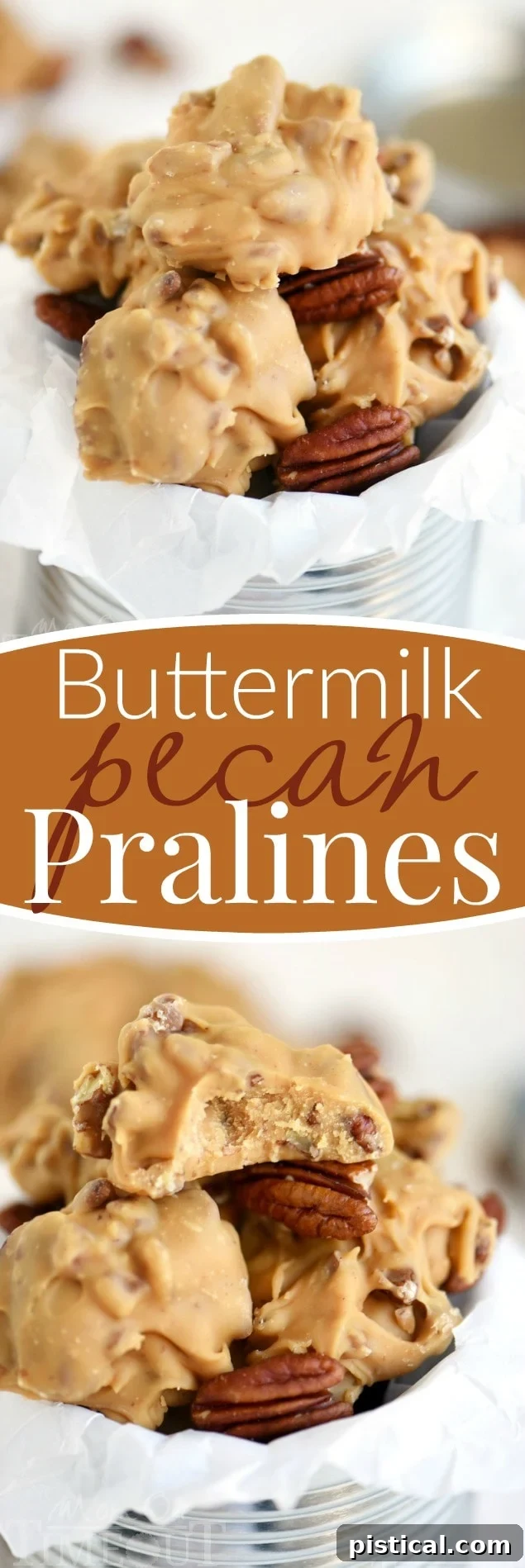 Delicious Buttermilk Pecan Pralines for the holidays. A collage of Buttermilk Pecan Pralines from different angles, showcasing their texture and the delicious pecan nuts within each piece, ideal for a recipe blog.