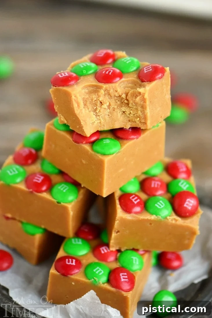Over-the-Top Peanut Butter Fudge with MMs 7 peanut butter fudge recipe with a bite taken
