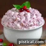 Cranberry Fluff recipe served in white bowl and topped with fresh cranberries and mint.