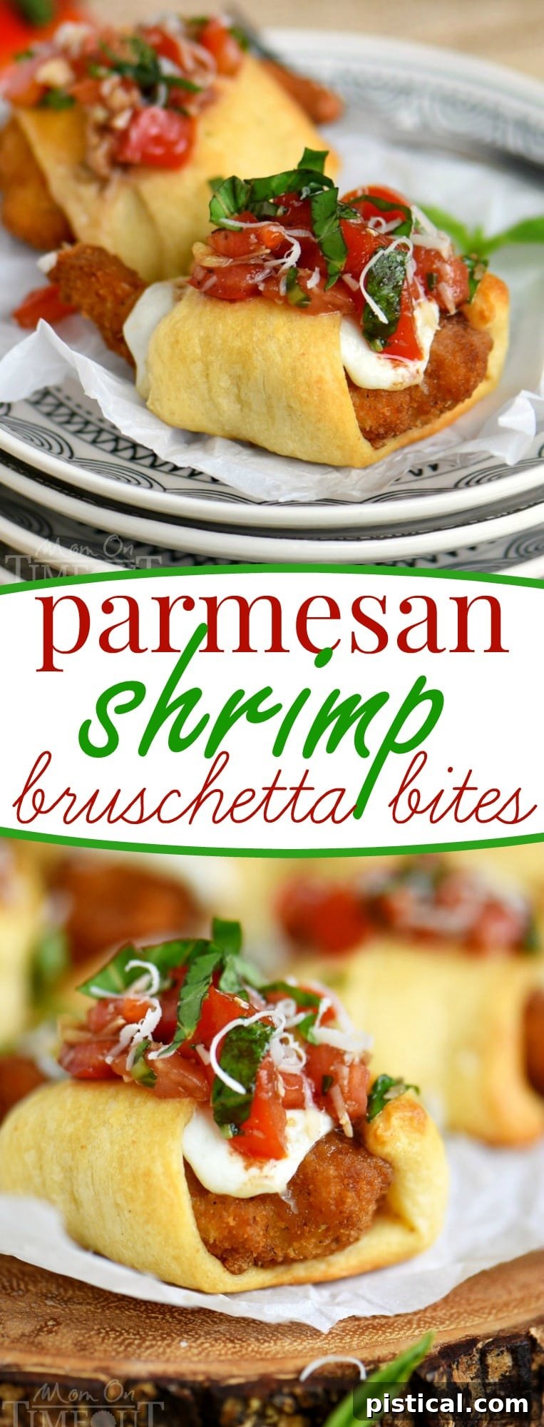 Parmesan Shrimp Bruschetta Bites on a serving platter, showcasing their festive colors and appealing presentation.