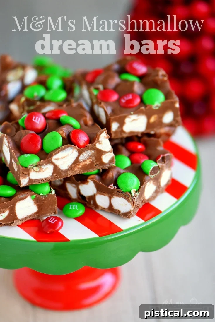 Delicious M&M's Marshmallow Dream Bars, a no-bake dessert ready in minutes, perfect for holiday gatherings or any sweet craving.