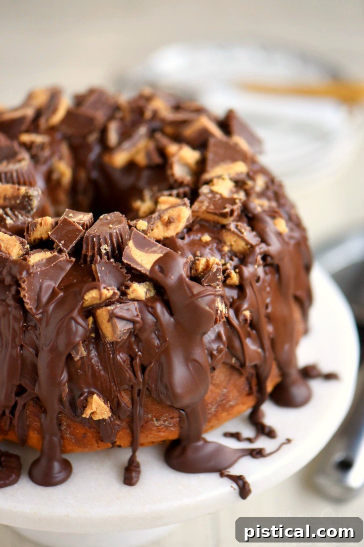 A whole Reese's Peanut Butter Chocolate Chip Pound Cake, beautifully glazed and garnished, presented on a serving platter.