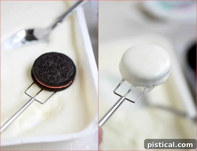 Achieve perfectly coated Holiday Dipped Oreos with these easy how-to instructions and expert tips! Get gourmet results for your Christmas gifts in no time. // Mom On Timeout #holidays #christmas #oreos #dippedoreos #candy #cookies #cookietray #dessert #easy A close-up shot showing a chocolate-dipped Oreo being tapped with a three-pronged tool to remove excess coating before being placed on parchment paper.