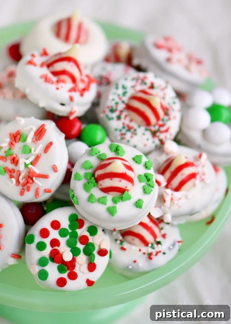 Your Essential Guide to Holiday Peppermint Oreos 2 A close-up of a stack of gourmet chocolate-dipped Oreos, beautifully decorated with holiday sprinkles, perfect for a festive Christmas gift or dessert.