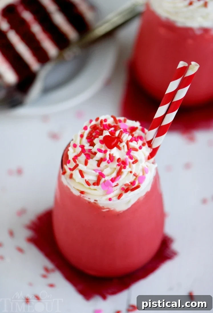 This Skinny Red Velvet Shake is the perfect treat for Valentine's Day or whenever you need a little something special. Topped with a decadent cream cheese whipped cream, this skinny shake is hard to resist! Great for breakfast or dessert!