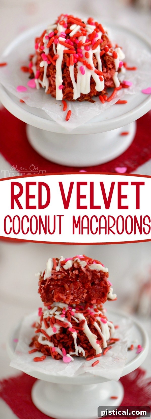Collage of various stages of making Red Velvet Coconut Macaroons, from ingredients to finished product.