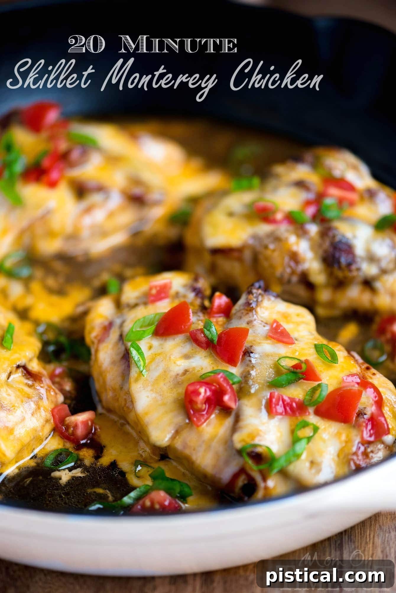 Got 20 minutes? This easy Skillet Monterey Chicken is just what you want to make for dinner tonight...trust me! Chicken, barbecue sauce, bacon, and glorious cheese come together in this delightful yet simple dish. Sure to become a regular request at your home! // Mom On Timeout #montereychicken #chickendinner #skilletdinner #easyrecipe #chicken #bacon #cheese #skillet #recipe Delicious Skillet Monterey Chicken recipe topped with bacon and melted cheese, ready for a quick weeknight dinner.