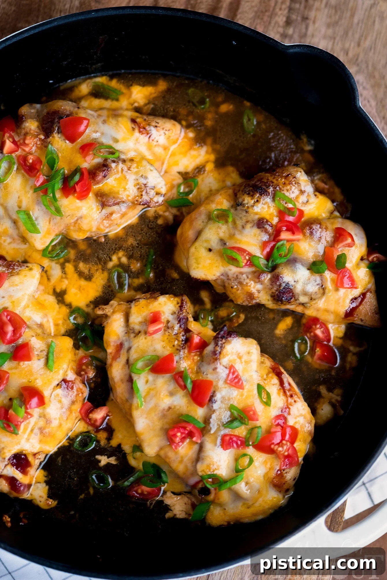 Got 20 minutes? This easy Skillet Monterey Chicken is just what you want to make for dinner tonight...trust me! Chicken, barbecue sauce, bacon, and glorious cheese come together in this delightful yet simple dish. Sure to become a regular request at your home! // Mom On Timeout #montereychicken #chickendinner #skilletdinner #easyrecipe #chicken #bacon #cheese #skillet #recipe Top-down view of Skillet Monterey Chicken simmering in a savory broth, showing the rich flavors developing in the pan.