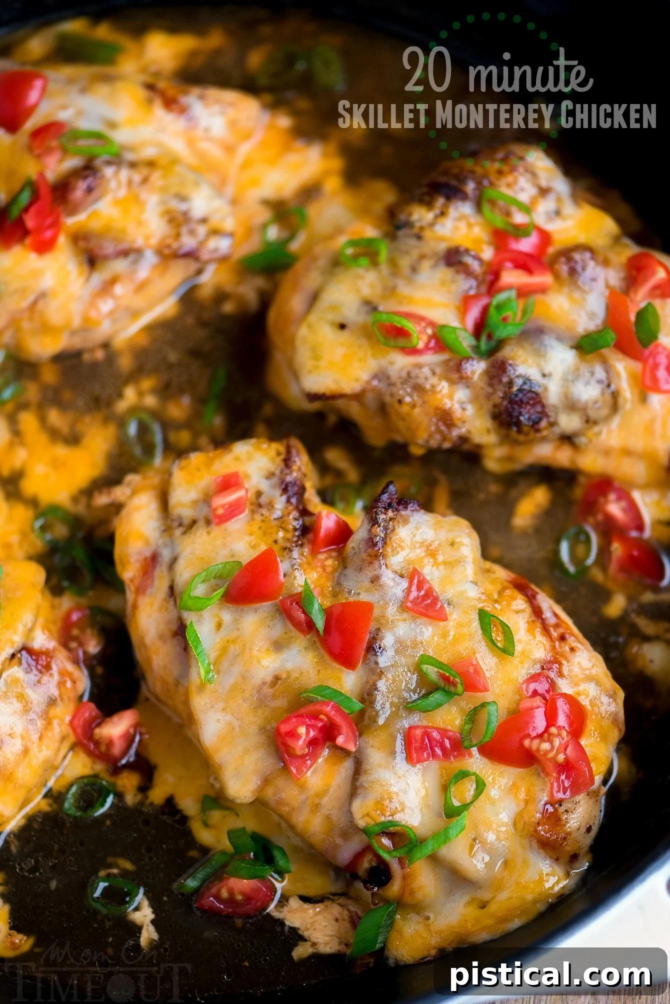 Got 20 minutes? This easy Skillet Monterey Chicken is just what you want to make for dinner tonight...trust me! Chicken, barbecue sauce, bacon, and glorious cheese come together in this delightful yet simple dish. Sure to become a regular request at your home! // Mom On Timeout #montereychicken #chickendinner #skilletdinner #easyrecipe #chicken #bacon #cheese #skillet #recipe Close-up of Skillet Monterey Chicken, garnished with fresh diced tomatoes and sliced green onions, highlighting the vibrant colors and appealing textures.