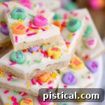 conversation heart sugar cookie bark decorated for valentines day stacked on top of each other on a white cake stand.