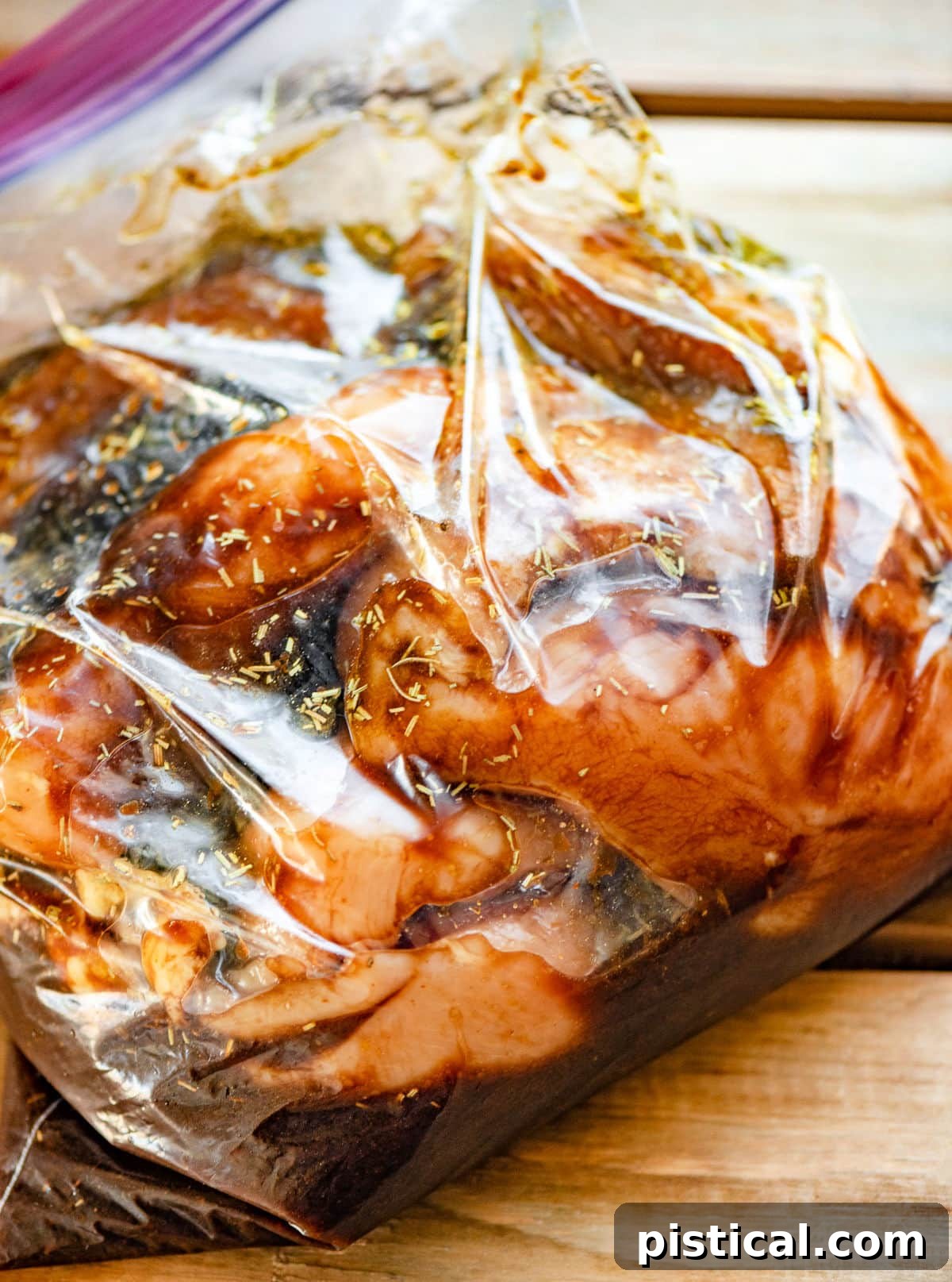 chicken breasts marinating in plastic bag.
