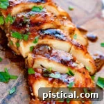 grilled chicken breast made with chicken marinade sliced on stone cutting board.