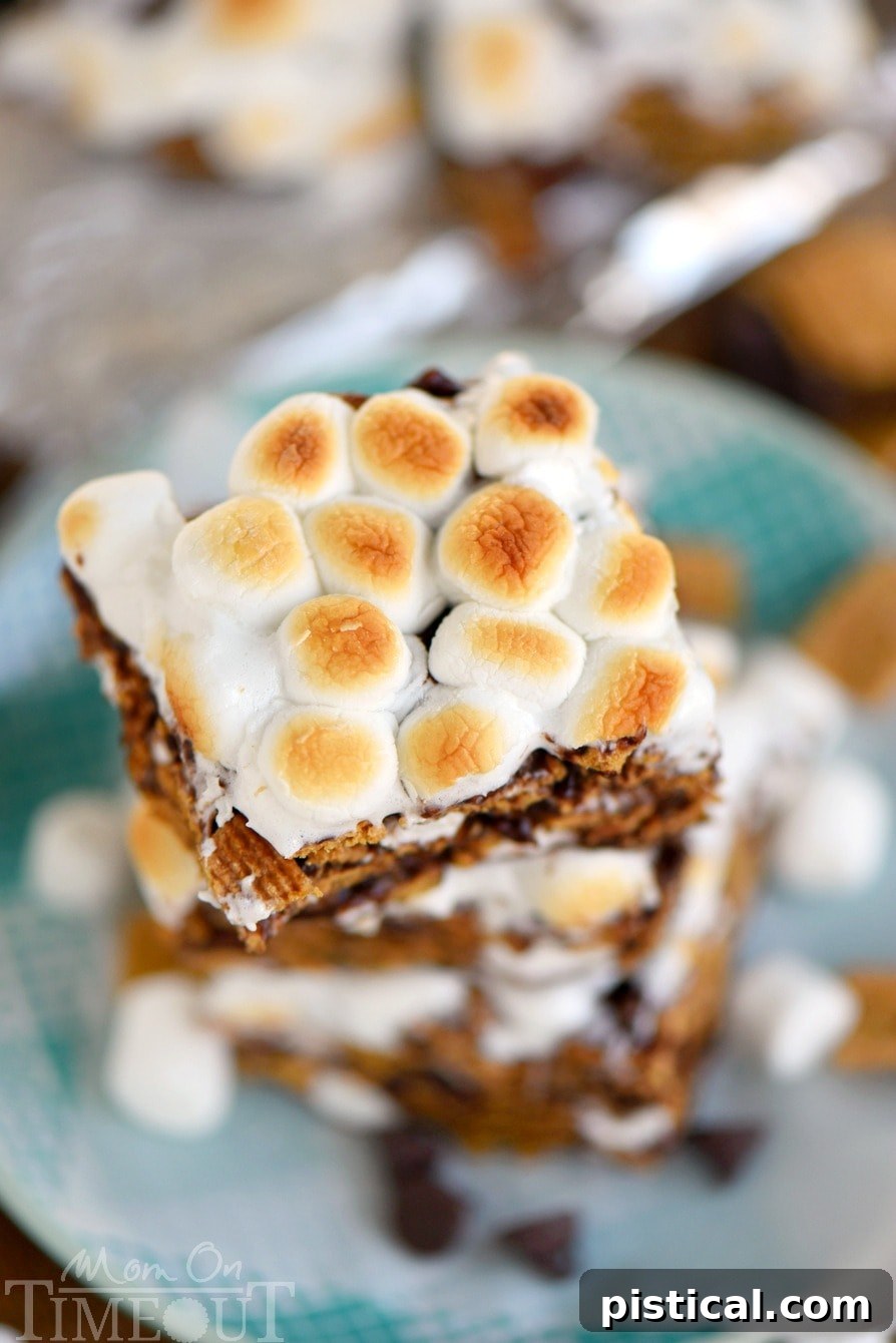 Close-up of freshly made S'mores Cereal Bars, highlighting the gooey marshmallows and rich chocolate coating, ready to be enjoyed.